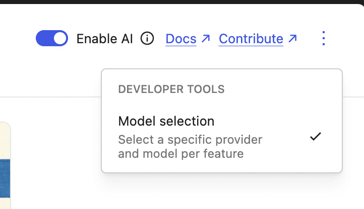 Página de configurações do plugin AI mostrando o novo menu Ferramentas de desenvolvedor com a opção de seleção de modelo