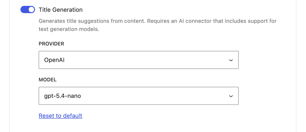 Página de configurações do AI mostrando configurações de desenvolvedor para geração de título, permitindo selecionar um provedor e um modelo específicos