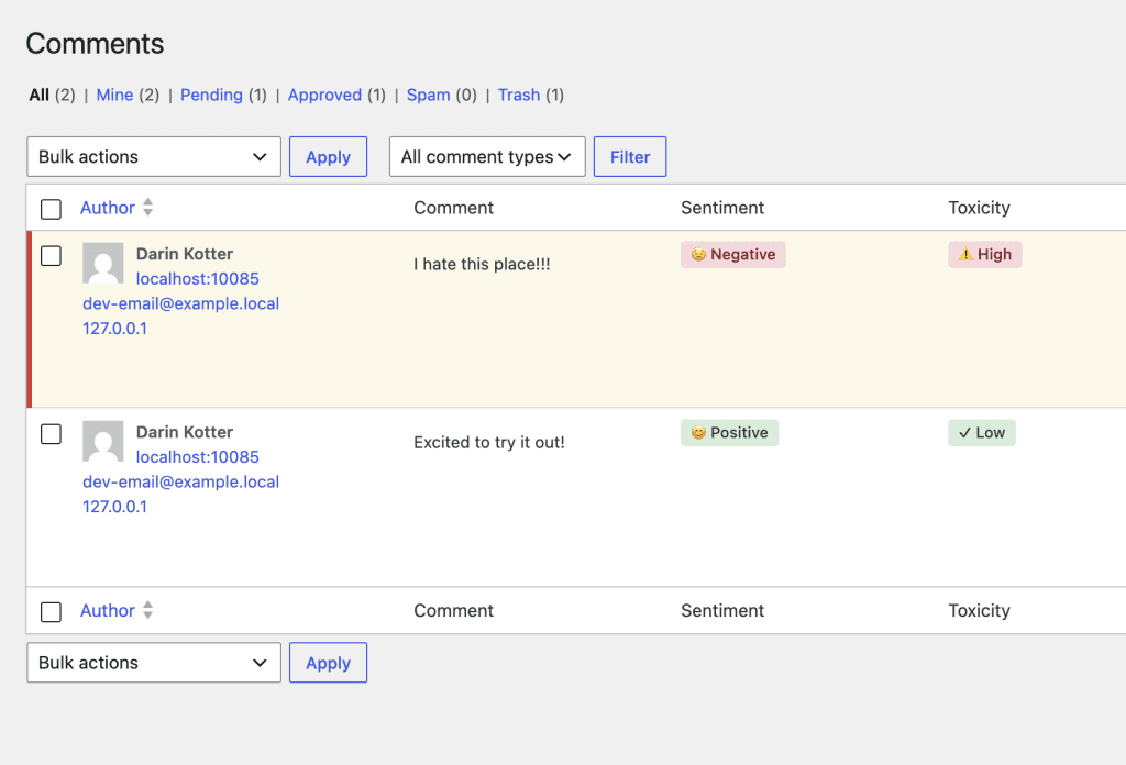 Tela de lista de comentários no painel do WordPress mostrando informações de sentimento e toxicidade do comentário